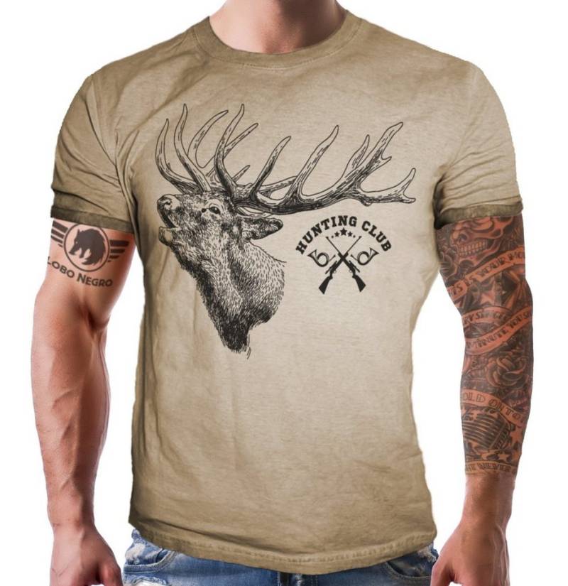 LOBO NEGRO® T-Shirt in Sand Washed Optik für den Jäger: Hunting Club Hirsch von LOBO NEGRO®