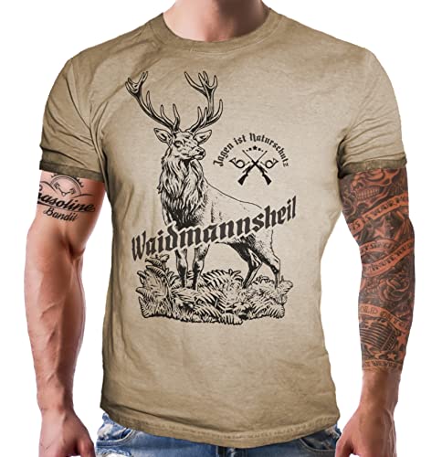 Herren T-Shirt für Jäger: Waidmannsheil - Jagen ist Naturschutz - Used Look Sand 100% Reine Baumwolle von LOBO NEGRO