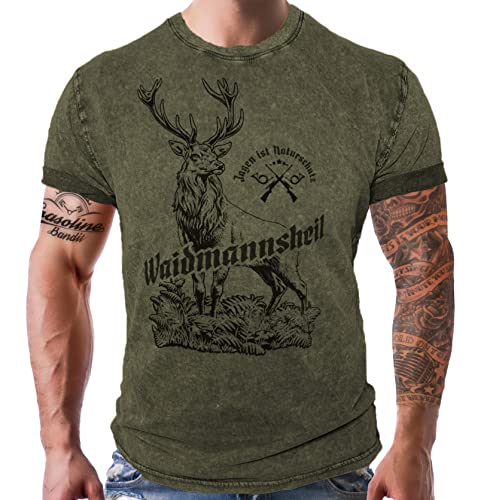 Herren T-Shirt für Jäger: Waidmannsheil - Jagen ist Naturschutz - Used Look Oliv 100% Reine Baumwolle von LOBO NEGRO