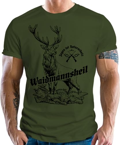 Herren T-Shirt für Jäger: Waidmannsheil - Jagen ist Naturschutz - Oliv 100% Reine Baumwolle von LOBO NEGRO