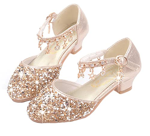 LOBTY Mädchen High Heel Schuhe Kind Ballerinas Prinzessin Glitter Party Hochzeitsgeschenk Urlaub Schuhe Halloween Weihnachten Geburtstag Kostüm für Geschenk Golden 38 von LOBTY