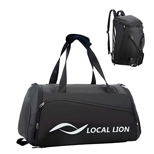 LOCAL LION Sporttasche Reisetasche mit Rucksackfunktion, Weekender Fitnesstasche Trainingstasche mit Schuhfach Nassfach, Travel bag für Damen Herren groß 50L zu Schwimmen, Fitness, Gym, Reisen schwarz von LOCAL LION