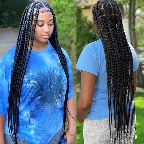 36" Vollspitze Knotenlose Box geflochtene schwarze Perücke, Cornrow Box Braids mit Babyhaar Komplett handgefertigt for Frauen Leichte synthetische Twist Braid Perücke von LOCCHEN