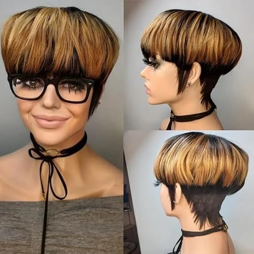 6 Zoll kurze Pixie-Perücke Menschenhaar mit Farbverlauf und goldenem Kurze geschichtete Perücke, ohne Kleber. Hitzebeständige Faserperücke. Geeignet for Damen Partys verwenden von LOCCHEN