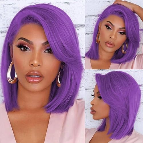 Kurze, glatte, lila Bob-Perücke, 10 Zoll kurze Bob-Perücke, 13 x 4 Spitzenperücke aus Echthaar, kleberlose Perücke für Frauen für das tägliche Cosplay verwenden von LOCCHEN