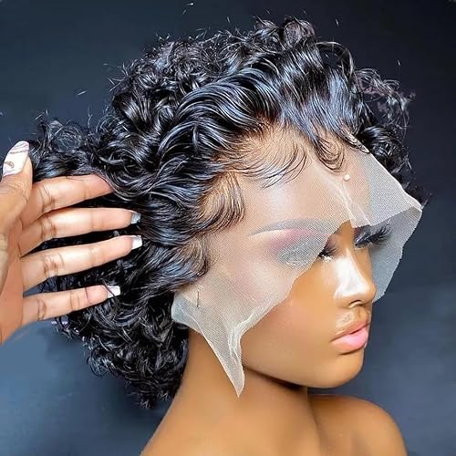Kurze, lockige Bob-Perücke, 13 x 1 Front Lace Pixie-Perücke, kleberlose Perücke mit Babyhaar. Hitzebeständige Faserperücke. Geeignet for Damen for täglichen Rollenspiel tragen.(Natural color) von LOCCHEN