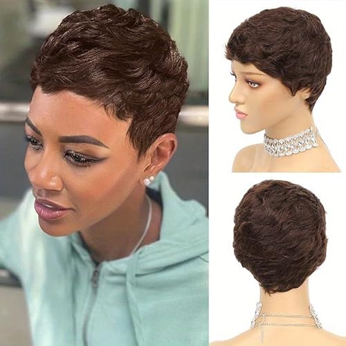 Kurze Afro-Perücke aus Echthaar, 4 Zoll lange Perücke aus Echthaar, Pixie-Locken, komplett maschinell hergestellt, natürliche Perücke, kein Kleber, für Frauen für den täglichen Gebrauch auf Partys.(Br von LOCCHEN