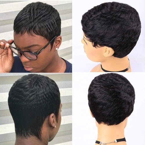 Kurze Afro-Perücke aus Echthaar, 4 Zoll lange Perücke aus Echthaar, Pixie-Locken, komplett maschinell hergestellt, natürliche Perücke, kein Kleber, für Frauen für den täglichen Gebrauch auf Partys.(Bl von LOCCHEN