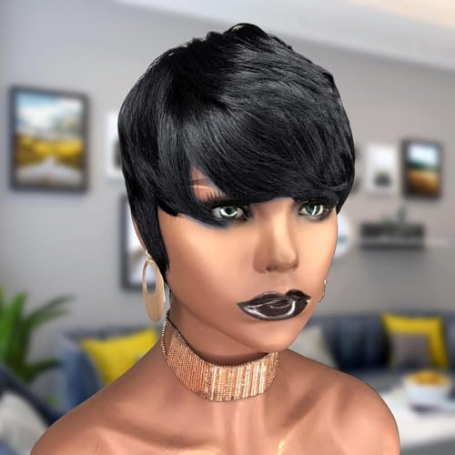 Kurze Bob-Perücke im Pixie-Cut, 6-Zoll-Pixie-Perücke mit Pony, komplett maschinengefertigt, geschichtet, hitzebeständig, ohne Klebstoff, geeignet for Damen täglichen Tragen auf Partys.(Black) von LOCCHEN