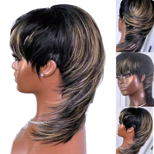 Pixie-Cut-Perücke for Frauen, 10 Zoll Schwalbenschwanz, Wolfsschwanz, Perücke aus Echthaar, maschinengefertigt, hitzebeständig, kleberfreie Perücke mit Pony, for den täglichen bei Partys und Cosplay von LOCCHEN