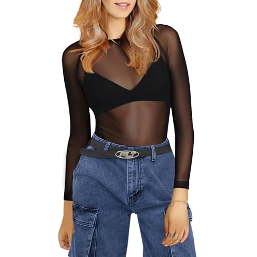 Damen Netz Oberteil Transparentes Shirt Sexy Damen Schwarz Langen Ärmeln Durchsichtiges Langarmshirt Durchsichtige T-Shirt Sheer Mesh (DE/NL/SE/PL, Alphanumerisch, L, Regular, Regular, Schwarz) von LOCCY