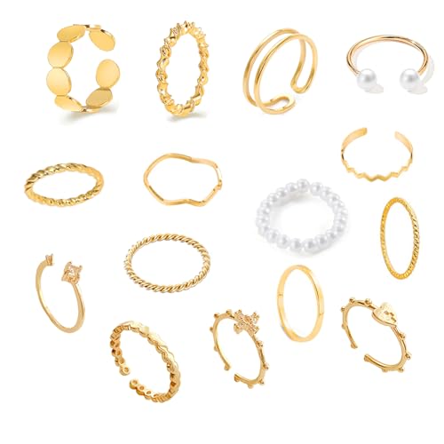 LOCCY 12-16PCS Vintage Silber/Gold Knuckle Ringe Set für Frauen Teen Girls, Boho Snake Stackbare Fingerringe Verstellbarer Böhmisch Stapelbare Gelenkfinger Ringe (Gold Set-15-A) von LOCCY