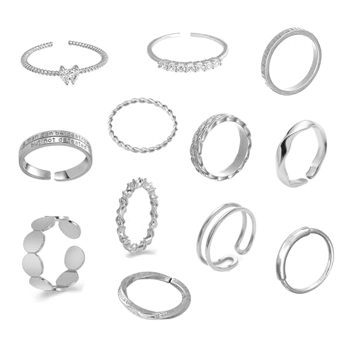 LOCCY 12-16PCS Vintage Silber/Gold Knuckle Ringe Set für Frauen Teen Girls, Boho Snake Stackbare Fingerringe Verstellbarer Böhmisch Stapelbare Gelenkfinger Ringe (Silber Set-12) von LOCCY