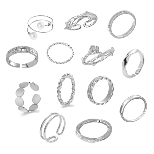 LOCCY 12-16PCS Vintage Silber/Gold Knuckle Ringe Set für Frauen Teen Girls, Boho Snake Stackbare Fingerringe Verstellbarer Böhmisch Stapelbare Gelenkfinger Ringe (Silber Set-13) von LOCCY