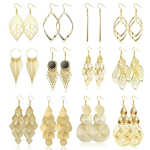 LOCCY 12 Paar Ohrringe Set für Damen Mädchen Tropfen Hängende Ohrringe Set Boho Ohrhänger Modeschmuck Wasser Tropfen Blatt Diamant Quaste Ohrring, Silber/Gold (Gold) von LOCCY