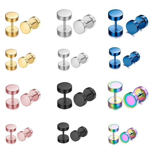 LOCCY 12 Paar Ohrstecker Schwarz Silber, Edelstahl Dot Ohrstecker Runde Flat Top Ohrringe 3/4/5/6/7/8mm Fake Plug Tunnel Piercing Punk Rock für Männer Jungen Frauen Mädchen (Bunt Set-6-8mm) von LOCCY
