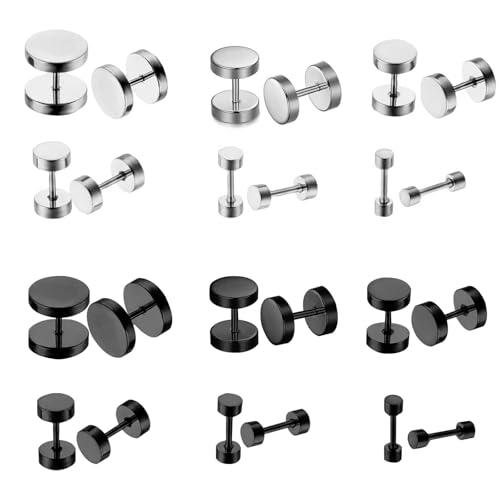 LOCCY 12 Paar Ohrstecker Schwarz Silber, Edelstahl Dot Ohrstecker Runde Flat Top Ohrringe 3/4/5/6/7/8mm Fake Plug Tunnel Piercing Punk Rock für Männer Jungen Frauen Mädchen (Schwarz Silber Set-3-8mm) von LOCCY