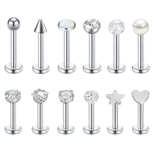 LOCCY 12 Stück Lippenpiercing Labret Piercing, 16G Edelstahl Helix Piercings Tragus Piercing Conch Piercing Labret Stecker Studs Nasenpiercing mit Zirkonia 6/8mm Stab für Frauen Männer (Silber-8mm) von LOCCY