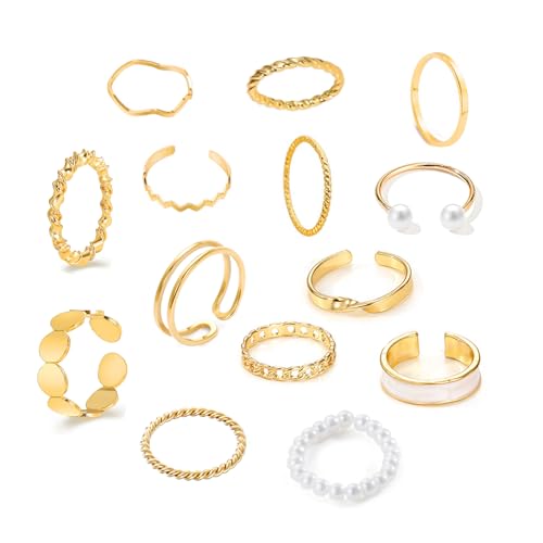 LOCCY 12-16PCS Vintage Silber/Gold Knuckle Ringe Set für Frauen Teen Girls, Boho Snake Stackbare Fingerringe Verstellbarer Böhmisch Stapelbare Gelenkfinger Ringe (Gold Set#2-14Pcs) von LOCCY