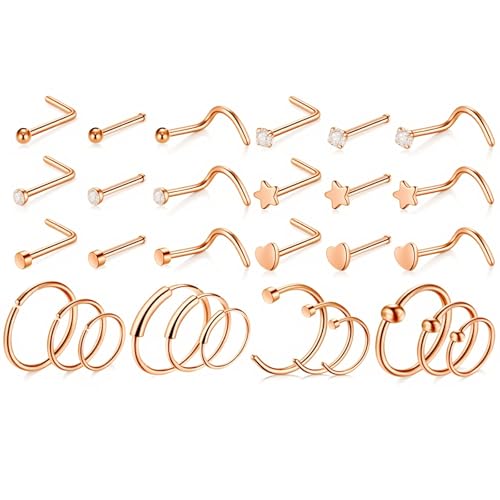 LOCCY 21-30 Stück 20G Nasenpiercing, 316L Edelstahl Nasenring Nasenstecker Silber/Gold Screw/Straight/L-Form Nasenpiercing mit Zirkonia Nostril Piercing Schmuck für Frauen Männer (Roségold-30 Stück) von LOCCY