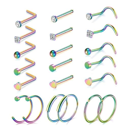 LOCCY 21-30 Stück 20G Nasenpiercing, 316L Edelstahl Nasenring Nasenstecker Silber/Gold Screw/Straight/L-Form Nasenpiercing mit Zirkonia Nostril Piercing Schmuck für Frauen Männer (Bunt-21 Stück) von LOCCY