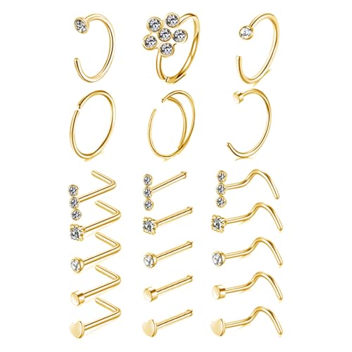 LOCCY 21-30 Stück 20G Nasenpiercing, 316L Edelstahl Nasenring Nasenstecker Silber/Gold Screw/Straight/L-Form Nasenpiercing mit Zirkonia Nostril Piercing Schmuck für Frauen Männer (Gold 2-21 Stück) von LOCCY