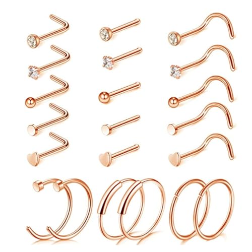 LOCCY 21-30 Stück 20G Nasenpiercing, 316L Edelstahl Nasenring Nasenstecker Silber/Gold Screw/Straight/L-Form Nasenpiercing mit Zirkonia Nostril Piercing Schmuck für Frauen Männer (Roségold-21 Stück) von LOCCY