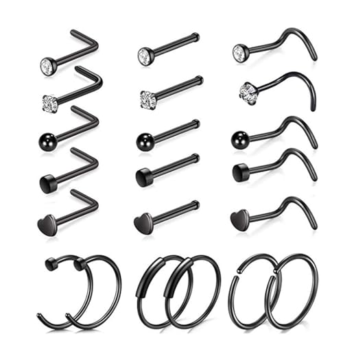 LOCCY 21-30 Stück 20G Nasenpiercing, 316L Edelstahl Nasenring Nasenstecker Silber/Gold Screw/Straight/L-Form Nasenpiercing mit Zirkonia Nostril Piercing Schmuck für Frauen Männer (Schwarz-21 Stück) von LOCCY