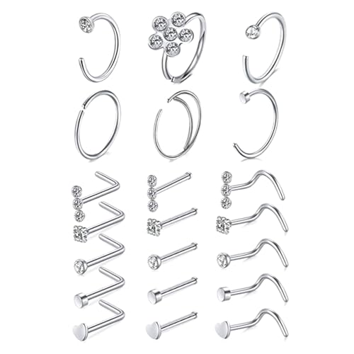 LOCCY 21-30 Stück 20G Nasenpiercing, 316L Edelstahl Nasenring Nasenstecker Silber/Gold Screw/Straight/L-Form Nasenpiercing mit Zirkonia Nostril Piercing Schmuck für Frauen Männer (Silver 2-21 Stück) von LOCCY