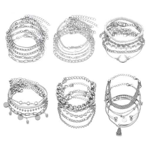LOCCY 27 Stück Boho Armband Damen Silber Set Armbänder Set Silber Twist Figaro Ketten Armbänder Stapelbare Armband für Damen Mädchen von LOCCY