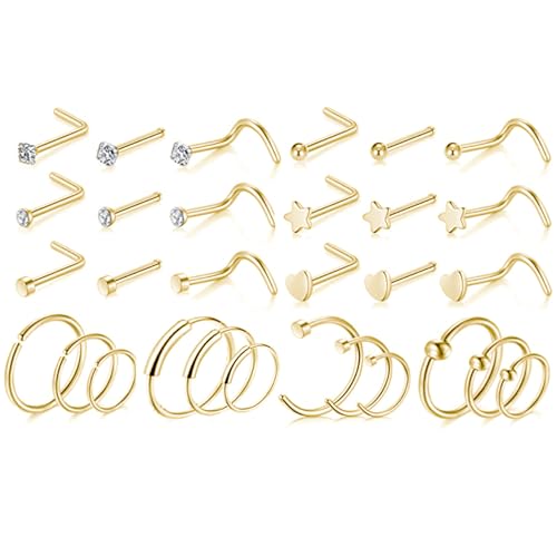 LOCCY 21-30 Stück 20G Nasenpiercing, 316L Edelstahl Nasenring Nasenstecker Silber/Gold Screw/Straight/L-Form Nasenpiercing mit Zirkonia Nostril Piercing Schmuck für Frauen Männer (Gold-30 Stück) von LOCCY