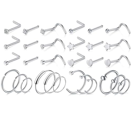 LOCCY 21-30 Stück 20G Nasenpiercing, 316L Edelstahl Nasenring Nasenstecker Silber/Gold Screw/Straight/L-Form Nasenpiercing mit Zirkonia Nostril Piercing Schmuck für Frauen Männer (Silber-30 Stück) von LOCCY