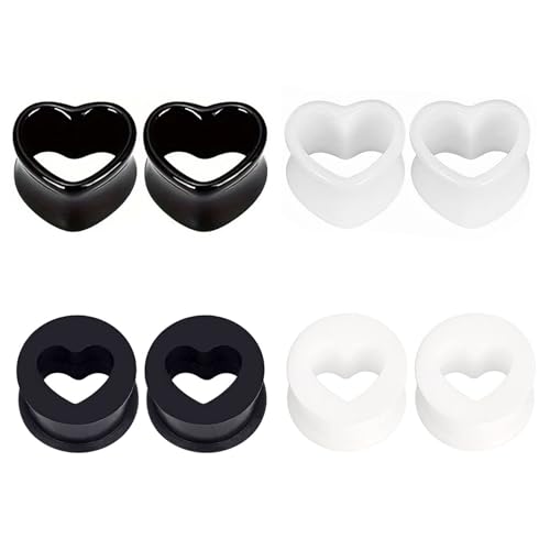 LOCCY Herzform Ohr Tunnels, 4-20mm Silikon Flesh Tunnel Acryl Ohr Tunnel Plug Schwarz Weiß Ohr Expander Double Flared Flexible Tunnels Piercing für Herren Damen (4 Paar, 16mm) von LOCCY