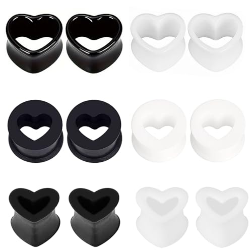 LOCCY Herzform Ohr Tunnels, 4-20mm Silikon Flesh Tunnel Acryl Ohr Tunnel Plug Schwarz Weiß Ohr Expander Double Flared Flexible Tunnels Piercing für Herren Damen (6 Paar, 12mm) von LOCCY