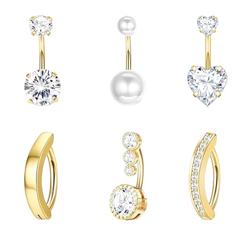 LOCCY 5/6 Stück 14G Bauchnabelpiercing Damen, Edelstahl Bauchpiercing Piercing Bauchnabel Silber CZ Herz Schmetterling Anhänger Belly Piercing Bauchnabelpiercing Set für Frauen Damen (Gold-6 Stück) von LOCCY
