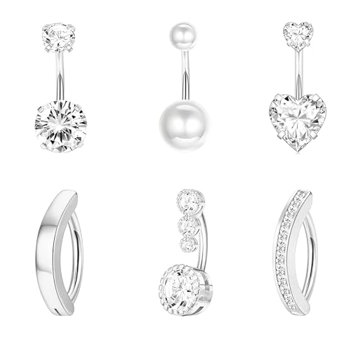 LOCCY 5/6 Stück 14G Bauchnabelpiercing Damen, Edelstahl Bauchpiercing Piercing Bauchnabel Silber CZ Herz Schmetterling Anhänger Belly Piercing Bauchnabelpiercing Set für Frauen Damen (Silber-6 Stück) von LOCCY