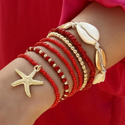 LOCCY 7 pcs Damen Kristall Perlen Armband, Mehrschichtiges Steine Armbands, Bohemian Beaded Multi-Layer Armbänder Boho Handmade Modeschmuck für Frauen Mädchen (Rot) von LOCCY