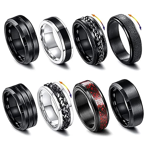 LOCCY 8 pcs Männer Edelstahl Spinner Ring, Schwarz Fidget Band Ringe Cool Twisted Chain Angst Ringe Männer Ringe Schwarz Spinner Ring Set für Männer Frauen (60(19.5)) von LOCCY