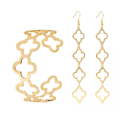 LOCCY Breit Gold Armreif für Damen, Schlichte Gold Offen Armreif Damen Verstellbar Golden Manschette Armband Manschettenarmbänder für Frauen Teen Mädchen (Goldem Armband+Ohrringe 4) von LOCCY
