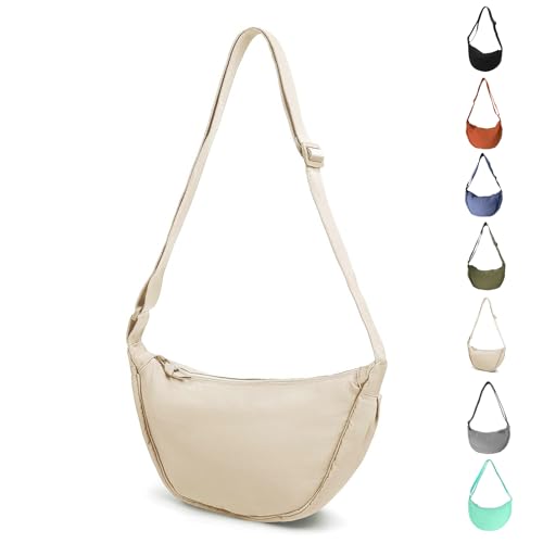 LOCCY Crossbody Bag Damen Halbmond Schultertasche, Hobo Halfmoon Bag Einfarbige Umhängetasche Damen Kleine mit verstellbarer Schultergurt für Damen Reisen (Beige) von LOCCY