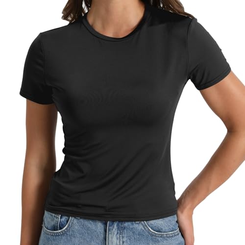 T-Shirt Damen Skims Damen Basic Skims Dupe Crop Top Kurzarm Y2K Solid Silm Fit T-Shirt Y2k Clothes für Frauen Ausgehen Streetwear (DE/NL/SE/PL, Alphanumerisch, M, Regular, Regular, Schwarz) von LOCCY