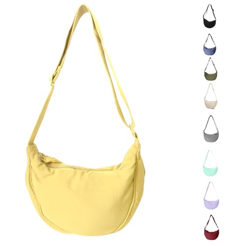 LOCCY Damen Halbmond Crossbody Schultertasche, Hobo Halfmoon Bag Einfarbige Nylon Crossbody Bag Damen Halbmond Schultertasche mit verstellbarer Schultergurt für Damen Reisen(Gelb) von LOCCY