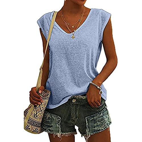 LOCCY Damen T-Shirt Kurzarm V-Ausschnitt Oberteile Blusen Sommer Casual Shirts Top für Frau Mädchen M-XL, Blau (Blau-XL) von LOCCY