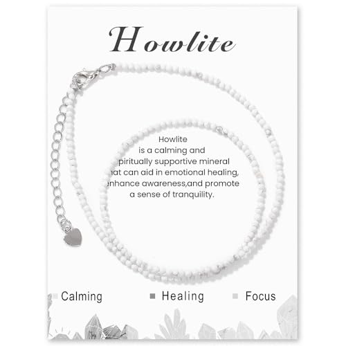 LOCCY Echte Naturstein Halskette für Damen, 2mm Perlenkette Boho Kristall Halskette mit Verschluss für Fraun Mädchen für Muttertag Geburtstag Weihnachten Geschenke, 41+5cm Länge (Howlith) von LOCCY