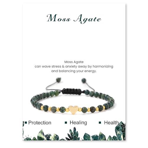 LOCCY Echtes Naturstein Armband, 4mm Perlenarmband mit Herz Anhänger Natursteinarmband Yoga Armband für Herren Damen für Geburtstag Valentinstag Weihnachten Geschenke (Verstellbar-Moosachat) von LOCCY