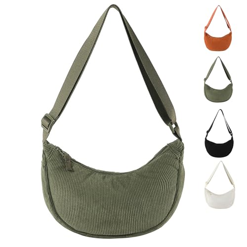 LOCCY Cord Crossbody Bag Damen Halbmond Schultertasche, Hobo Halfmoon Bag Einfarbige Umhängetasche Damen Kleine mit verstellbarer Schultergurt für Damen Reisen (Armeegrün) von LOCCY