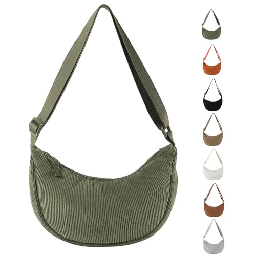 LOCCY Crossbody Bag Damen Cord, Halbmond Tasche Damen Cord, Einfarbige Halfmoon Bag Kord mit Verstellbarer Schultergurt für Frauen Reisen (Armeegrün) von LOCCY