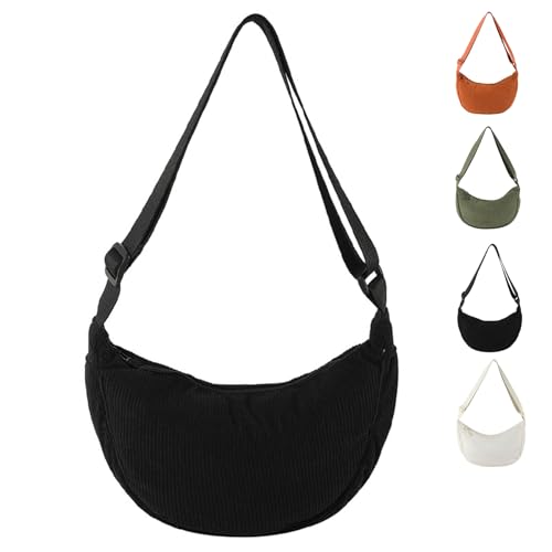 LOCCY Cord Crossbody Bag Damen Halbmond Schultertasche, Hobo Halfmoon Bag Einfarbige Umhängetasche Damen Kleine mit verstellbarer Schultergurt für Damen Reisen (Schwarz) von LOCCY