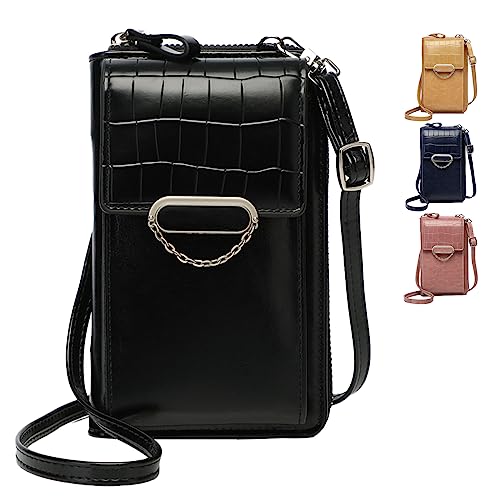 LOCCY Handytasche zum Umhängen, PU Leder Damen Handy Umhängetasche mit Geldbörse Kartenfächer Klein Crossbody Handytasche mit Verstellbarer Gurt für Handy unter 6,5 Zoll (Schwarz) von LOCCY