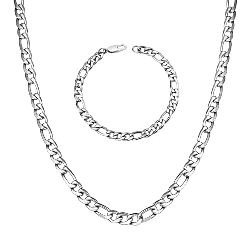 LOCCY Herren Damen Figaro Kette Armband, 3/4/5/6/7/8mm breit Figarokette Halskette Armband Edelstahl Silberkette Figaro Chain Hip-Hop Kette für Mann Fraun in 46-66cm Länge (Silber - 6mm Breit, 51) von LOCCY